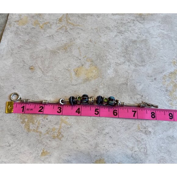 Glass Bead Pandora-Style Bracelet Silver with Green Stone Beads Blue Glass - Picture 4 of 4